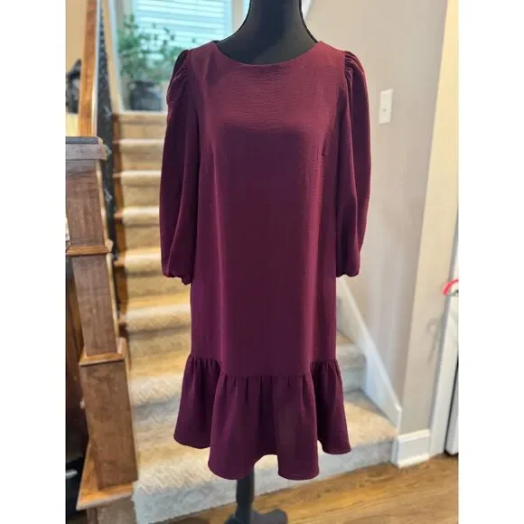 DKNY Plum Shift Dress Sz 6 Lined Ruffle Blubble Sleeve Romantic Date Night NWOT - Picture 4 of 6
